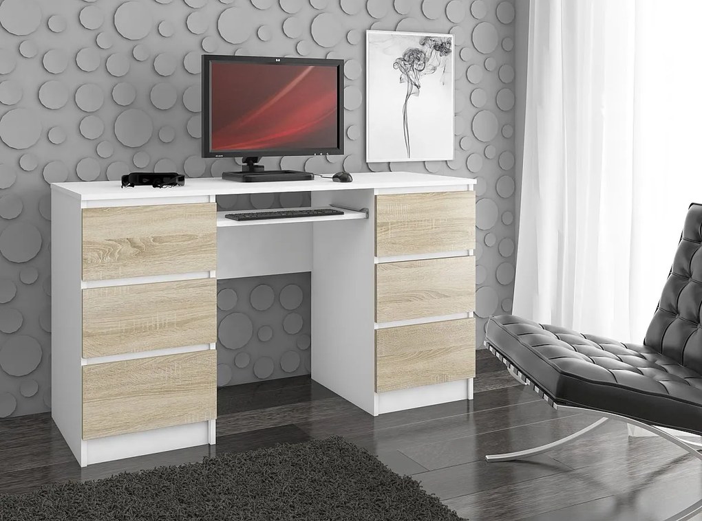Biurko komputerowe AKORD A11 Białe 135 cm 6 szuflad kolor Dąb Sonoma mat 135x50x77 cm