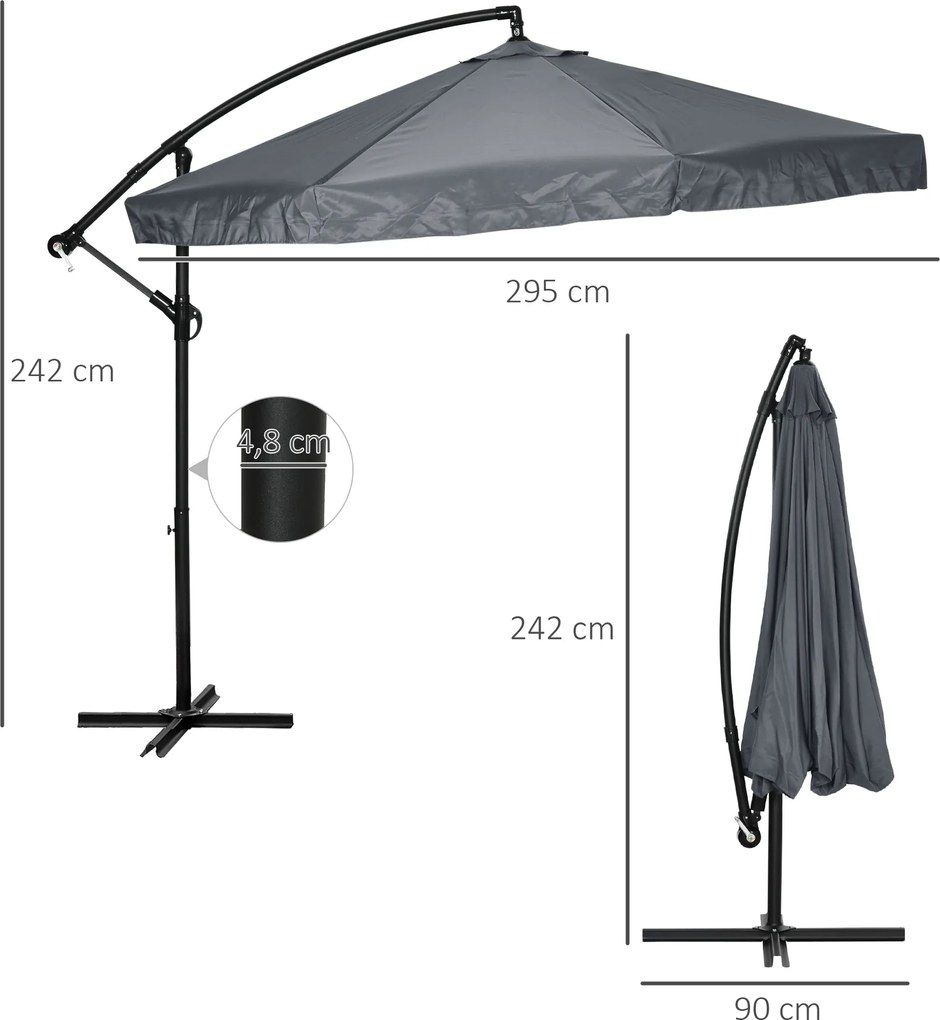 Outsunny Parasol Ogrodowy Ø3m, Obrotowy, z Korbką, Stal Nierdzewna, Poliester, Ciemnoszary/Czarny