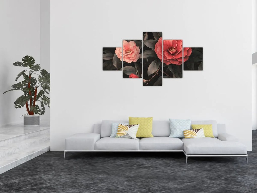Obraz - Czerwone kwiaty na ciemnym tle (125x70 cm)