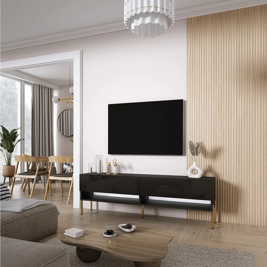 Szafka pod telewizor 170 cm Czarny Mat / Czarny Połysk, nóżki proste złote, LED biały, 170 × 32 × 52 cm