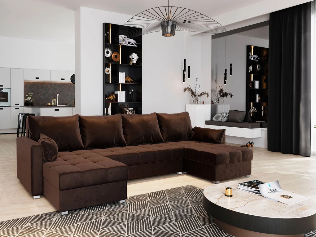 Masseno Narożnik NAKO z funkcją spania i pojemnikiem na pościel Narozniki U, Rozkładana sofa - Brązowy, KRONOS 06
