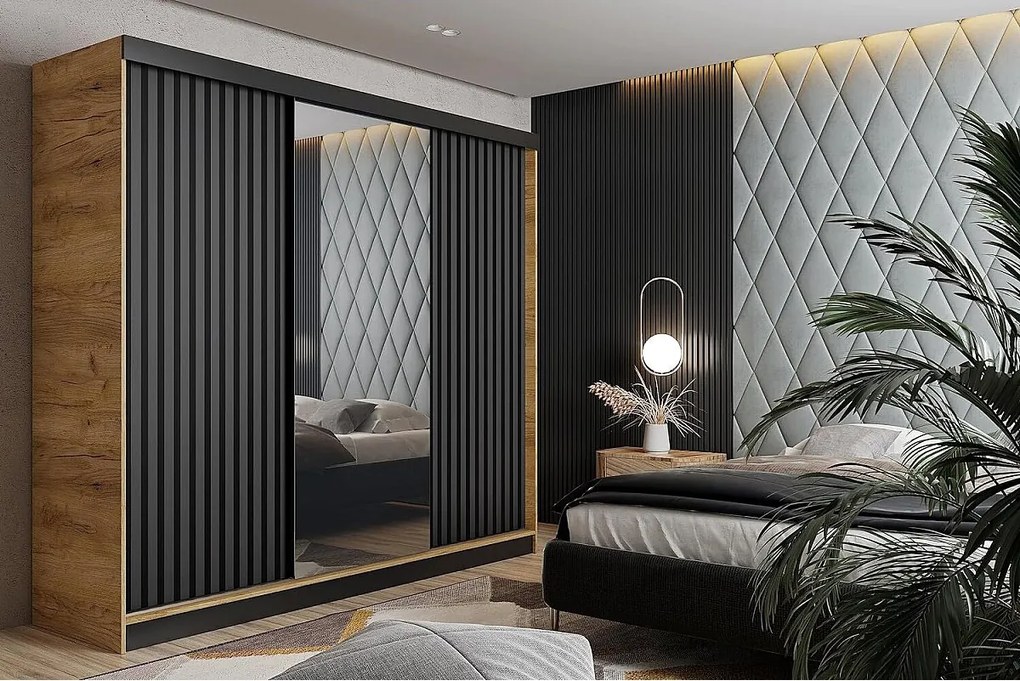 Szafa przesuwna z lustrem lamele MALANI 200 - dąb craft złoty + grafit