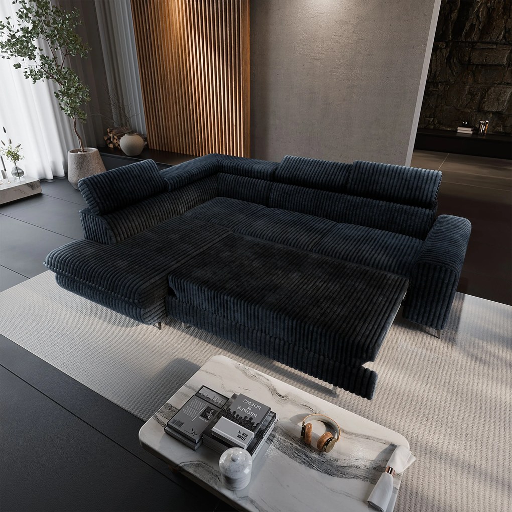 Masseno Narożnik VELISS z funkcją spania i pojemnikiem na pościel Rozkładana sofa do Salonu - Czarny, TILIA 100