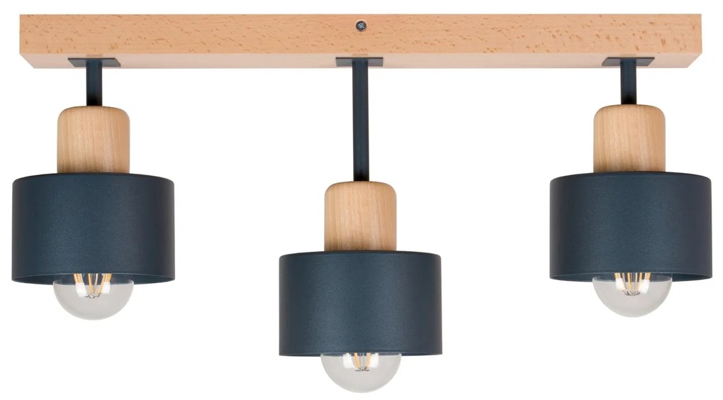 Antracytowa lampa sufitowa, trzypunktowy spot DAN50x7BU z drewna i met