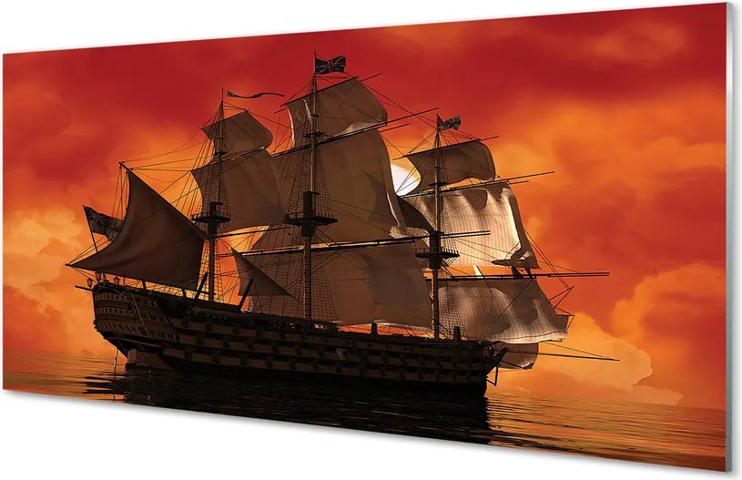 Szkło do Kuchni na Ścianę Statek w Blasku Pomarańczowego Nieba