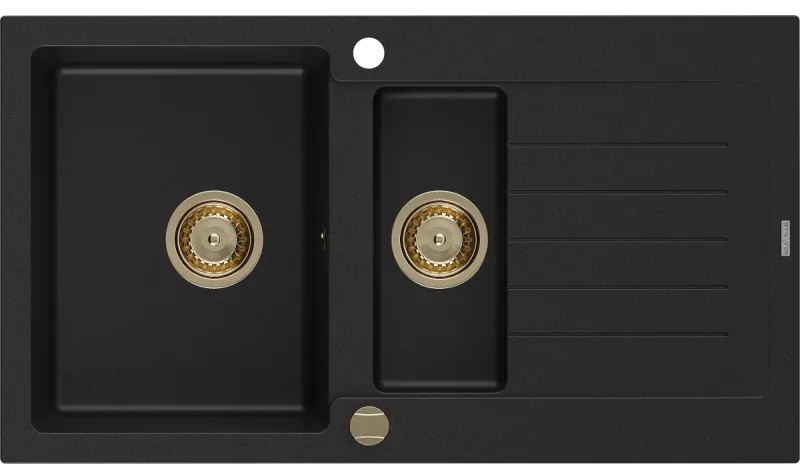 Mexen Matias zlewozmywak granitowy 1,5-komorowy z ociekaczem 900 x 505 mm, czarny, syfon złoty - 6502901505-77-G