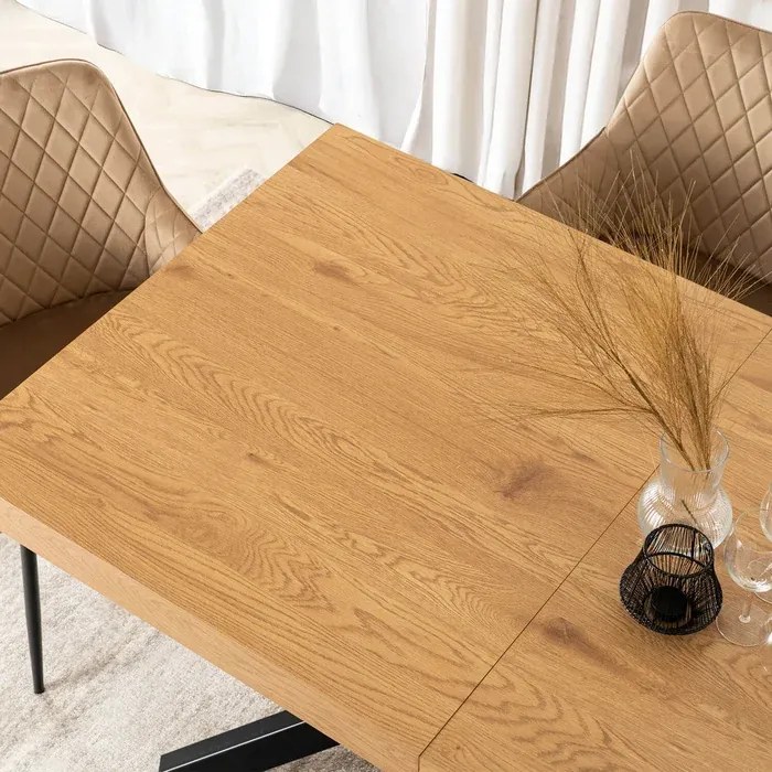 Zestaw Stół Prostokątny Rozkładany HAMPTON 160-240 cm Dąb/Czarny i 4 Krzesła Tapicerowane BRESSO Beżowe