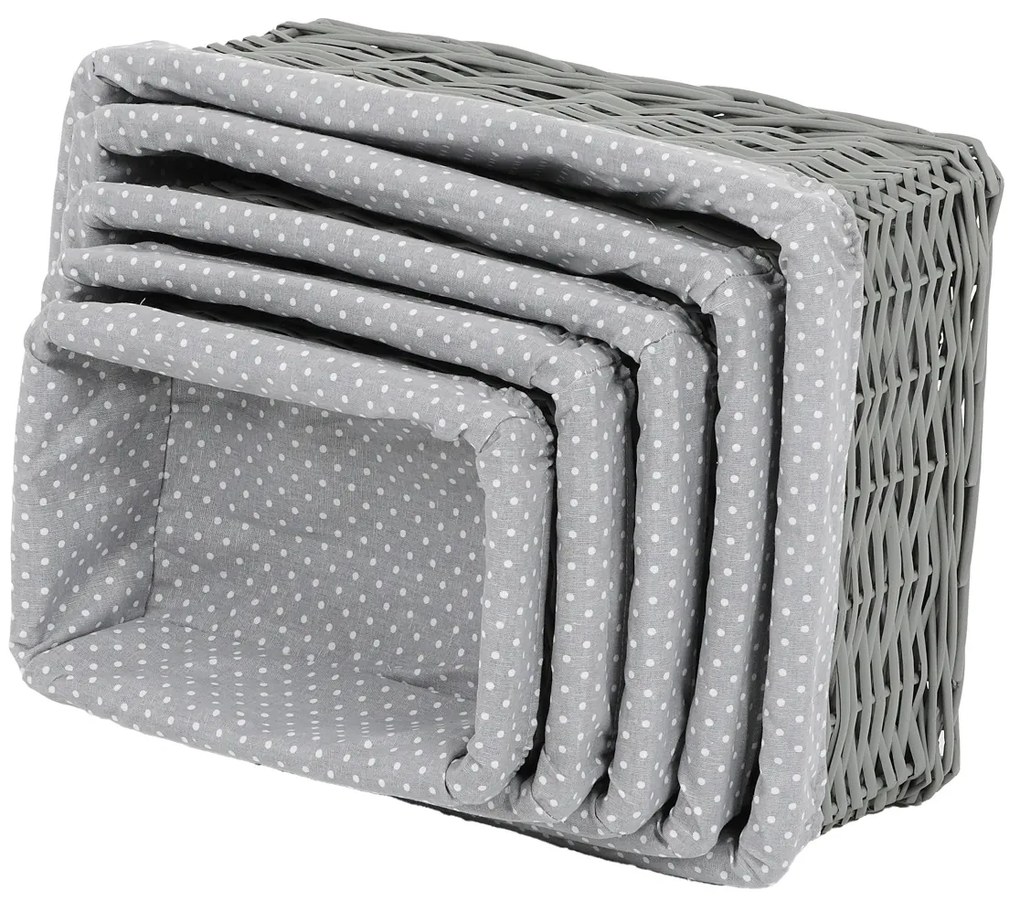 Zestaw koszyków wiklinowych z tkaniną Szara kropka, 5 szt., 5 rozmiarów, 48 x 18 x 37 cm