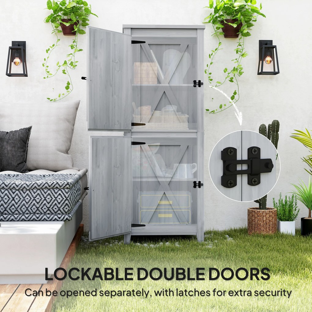 Outsunny Drewniana Szopa, Kompaktowy Szafę Ogrodową na Narzędzia i Sprzęt Ogrodowy z Zamykanymi Drzwiami, Jasnoszary