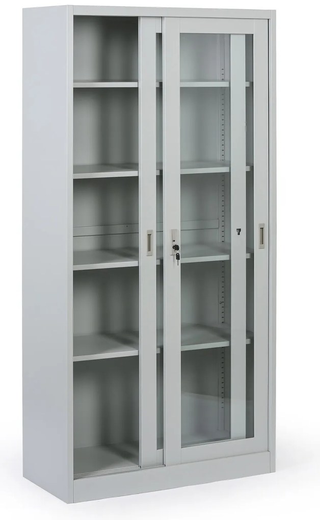 Metalowa szafka z półkami i szklanymi przesuwanymi drzwiami, zdemontowana, 900 x 1850 x 400 mm