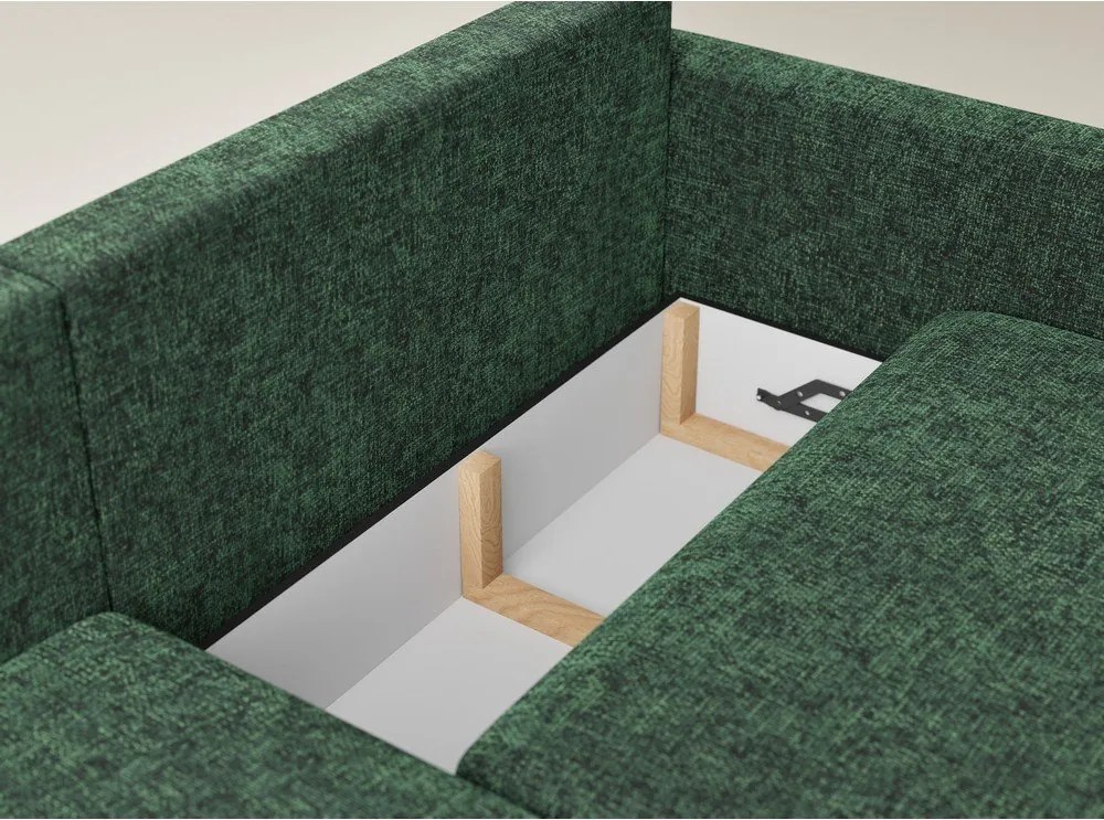 Ciemnozielony rozkładany narożnik ze schowkiem z tkaniny szenilowej (lewostronny/z szezlongiem) Leon – Maison de Rêve