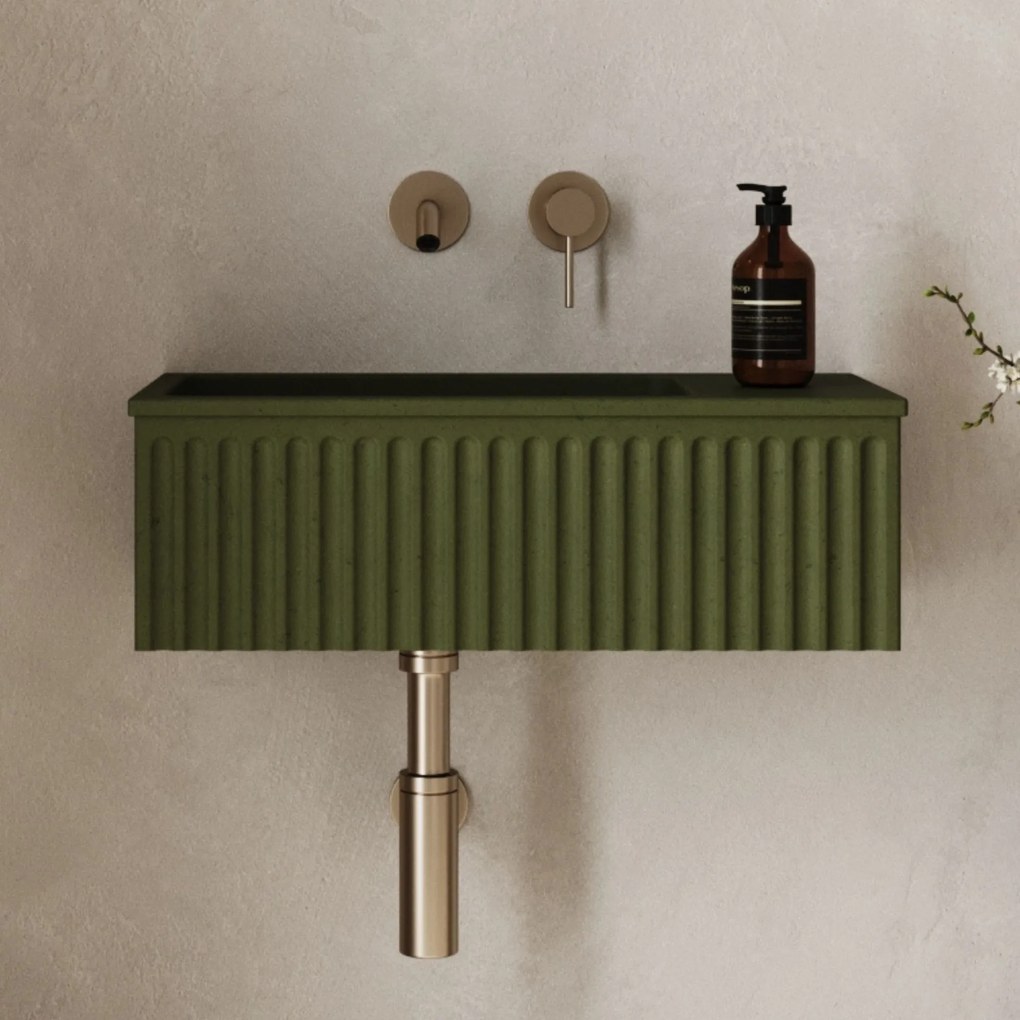 Umywalka betonowa ryflowana nablatowa / wisząca prostokątna 60 x 30 cm WELLE | różne kolory : Kolor - Oliwkowy, Typ montażu - podwieszana