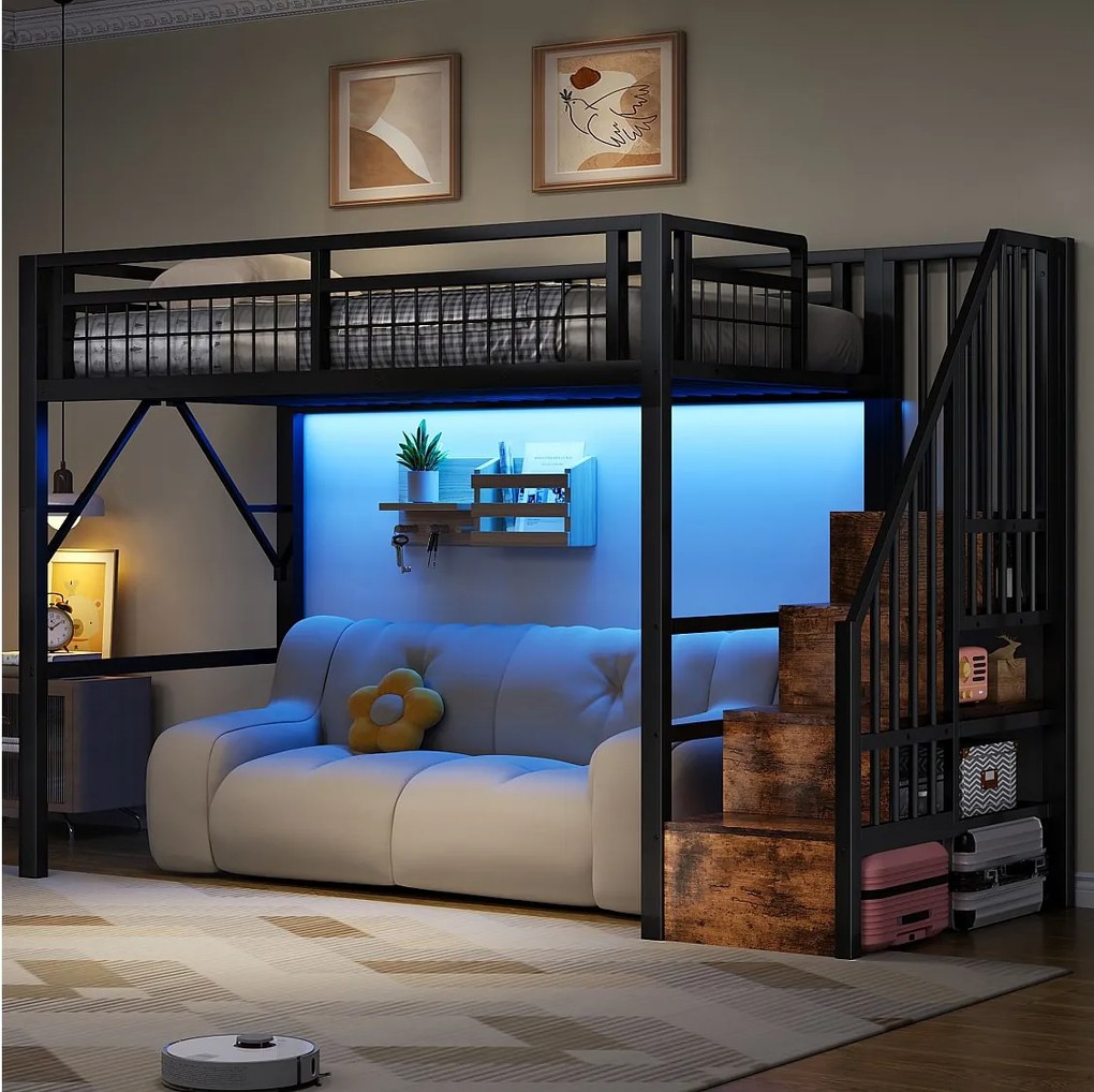 Łóżko piętrowe dla dzieci - 90 x 200 cm - rama żeliwna - z diodami LED + drabinka ze schowkiem - metalowe - czarne