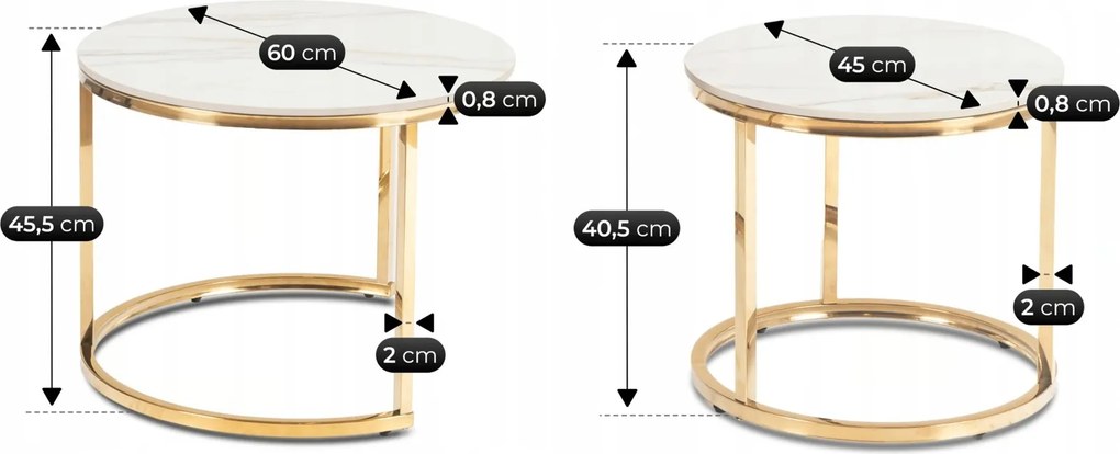 Zestaw ceramicznych stolików Milano 60 cm i 45 cm, biały marmur/złoty