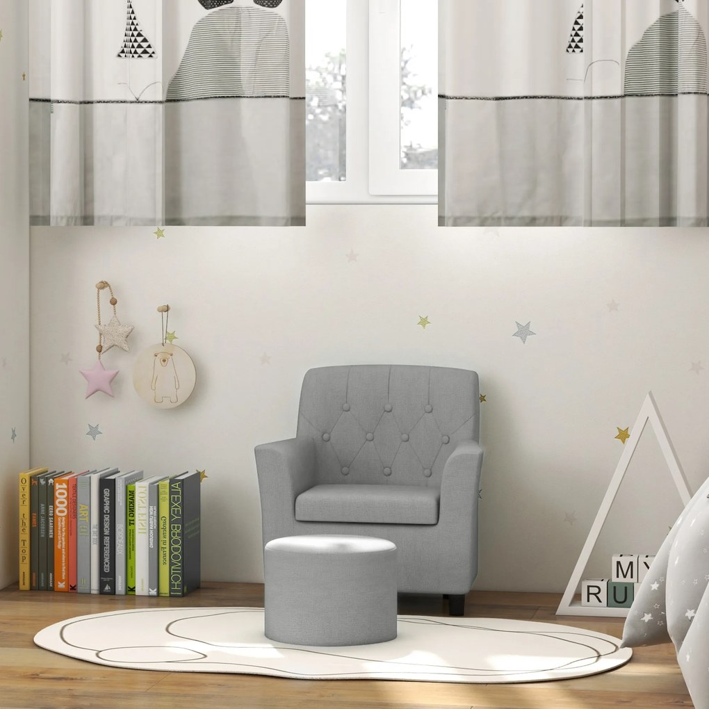 AIYAPLAY Fotel dla dzieci z pufem, oparcie w wzór w romby, miękkie siedzisko, drewniana rama, Szary