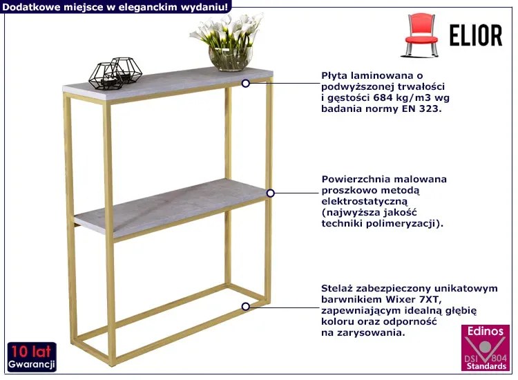 Nowoczesna konsola z półkami złoty + beton - Carello 3X