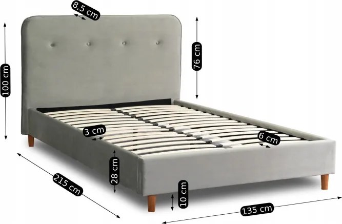 Łóżko Tapicerowane 120x200 cm ze Stelażem Jednoosobowe DENNIS Jasnoszare Welurowe