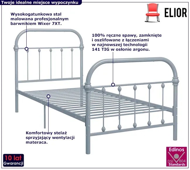 Szare metalowe łózko pojedyncze 90x200 cm Landor 8X