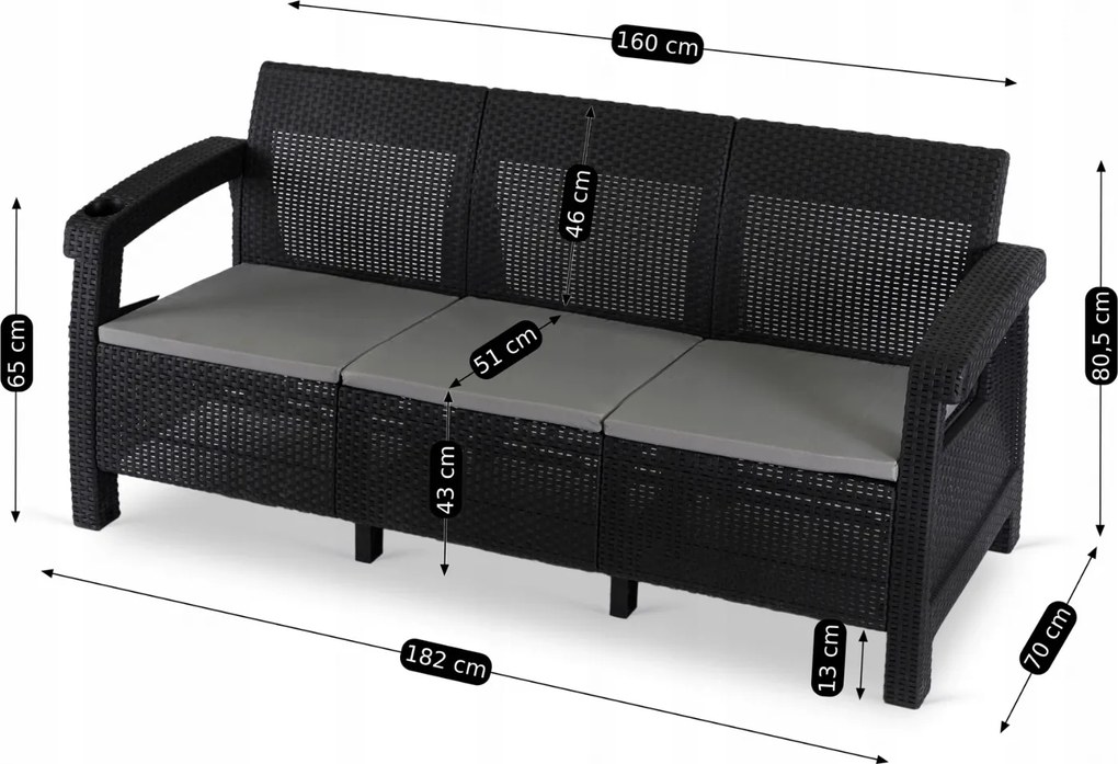Sofa ogrodowa 3-osobowa Flint, technorattan czarny