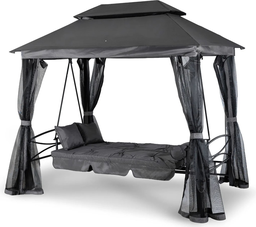 Huśtawka ogrodowa 2w1 z funkcją leżenia i moskitierą Luxe, szary/czarny