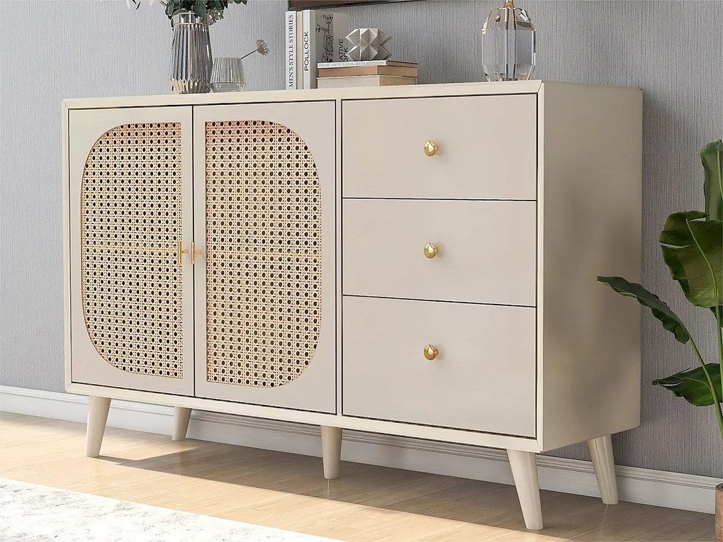 Bufet niski z 2 drzwiami i 3 szufladami - drzwi z rattanu - Kremowy