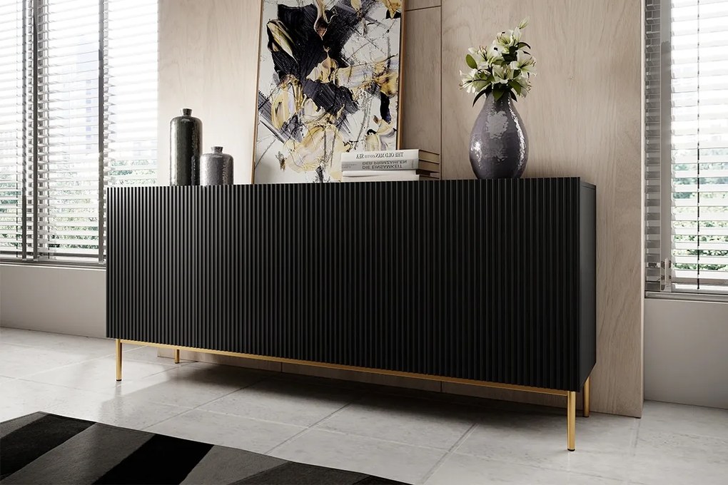 Komoda Nicole 200 cm - czarny mat / złote nóżki
