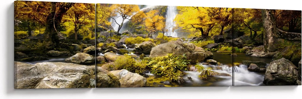 Obraz - Wodospady w jesiennym krajobrazie, żółty (170x50 cm)