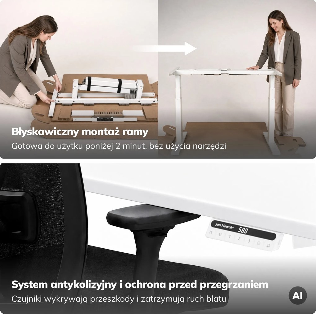 Biurko elektryczne z regulacją wysokości ergonomiczne białe,1400x700 mm: ARIA