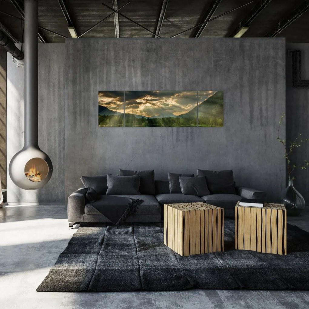 Obraz jeziora, przez które prześwieca słońce (170x50 cm)