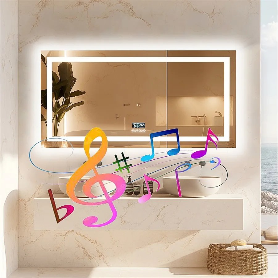 Lustro łazienkowe 100x60cm LED regulowane + przeciwmgielne + Bluetooth 5.2 + Zegar + 3 kolory 4 przyciski