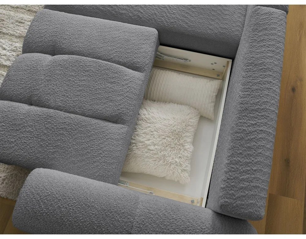 Szary rozkładany/ze schowkiem narożnik z materiału bouclé (lewostronny/z szezlongiem) Roxelane – Bobochic Paris