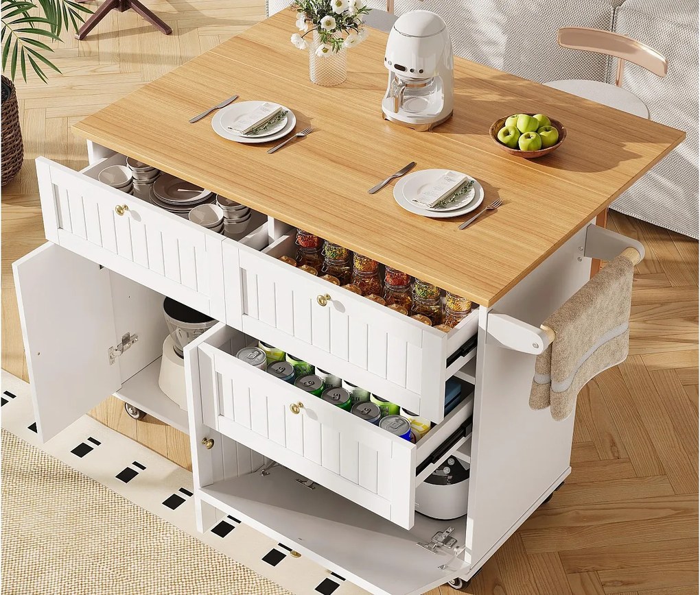 Mobilna wyspa kuchenna – rozsuwany blat – 3 szuflady i 2 drzwi – 1 uchylne drzwi – z wieszakiem na ręczniki – MDF – biały + naturalny