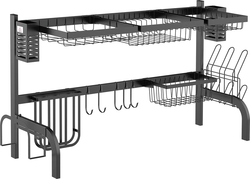 HOMCOM Suszarka na Naczynia, 2-Poziomowy Stojak z Hakami, Talerzami, Akcesoriami, 100 cm Stal, Czarny