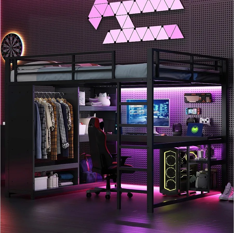 Łóżko piętrowe metalowe dla dzieci - 160 x 200 cm - z oświetleniem LED + biurko + szafa + schowek - metalowe - czarne
