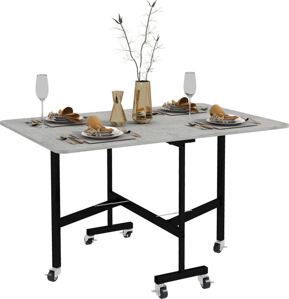 HOMCOM Składany stół na kółkach dla 4-6 osób stelaż stalowy szary 52,5-120x80x73 cm | Aosom PL