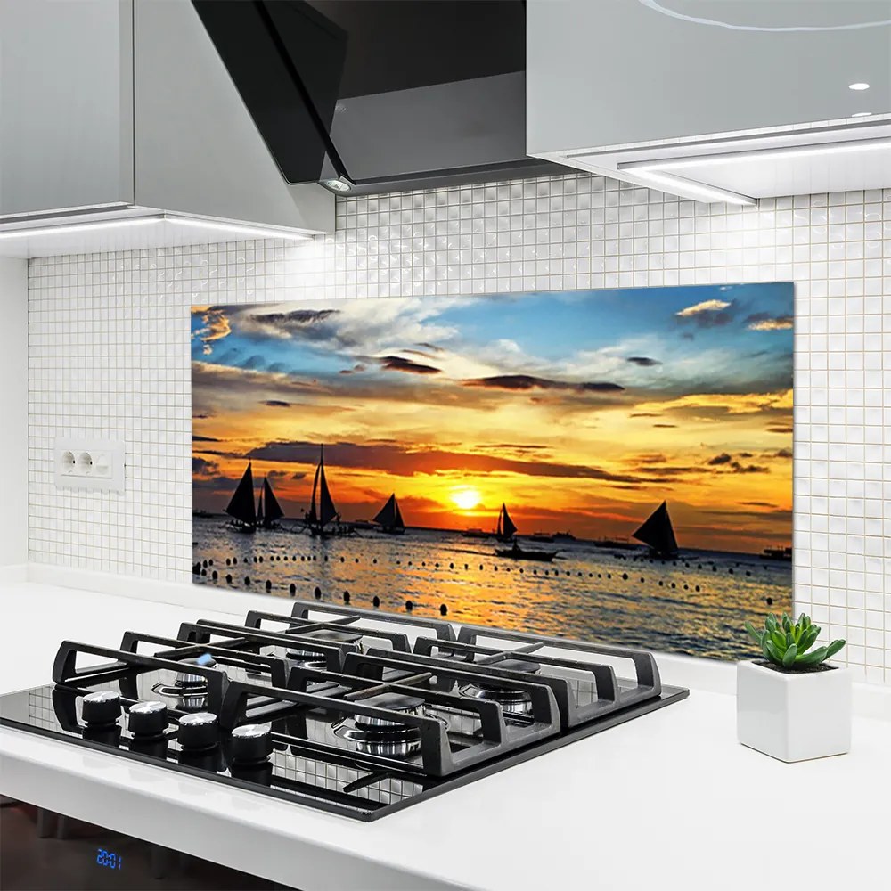 Panel Szklany do Kuchni Łodzie o Zachodzie Słońca