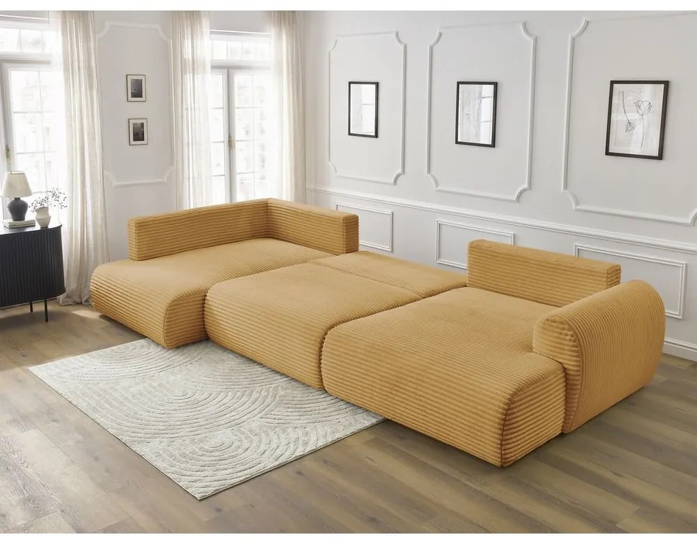 Musztardowy sztruksowy rozkładany/ze schowkiem narożnik (lewostronny/w kształcie litery U) Lucien – Bobochic Paris