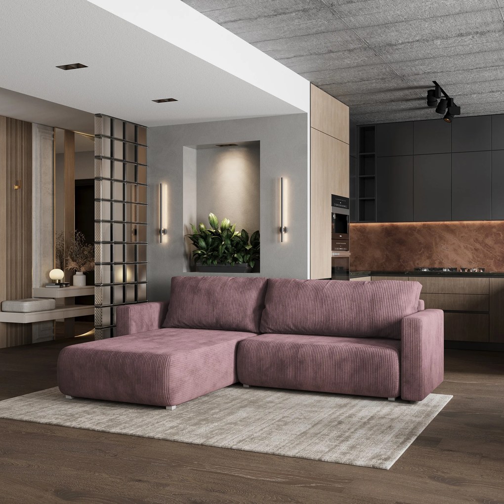 Masseno Narożnik TURIN z funkcją spania i pojemnikiem na pościel Narozniki L, Rozkładana sofa - Wrzosowy, POSO 130