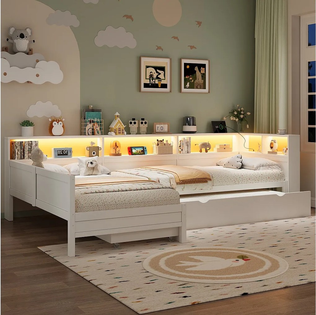 Łóżko platformowe w kształcie litery L dla 2 osób - 2 x 90 x 200 cm - z szufladą + półką - MDF - białe