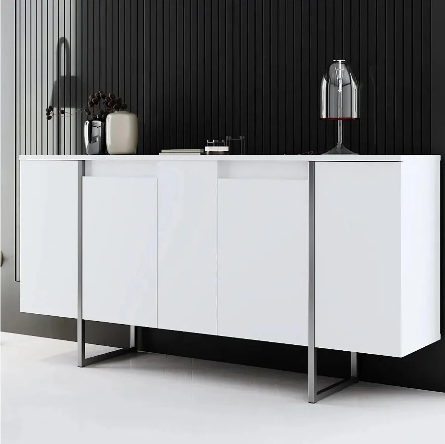 Komoda – 160 x 35 x 80 cm – Kolor biały i srebrny – Płyta wiórowa pokryta melaminą