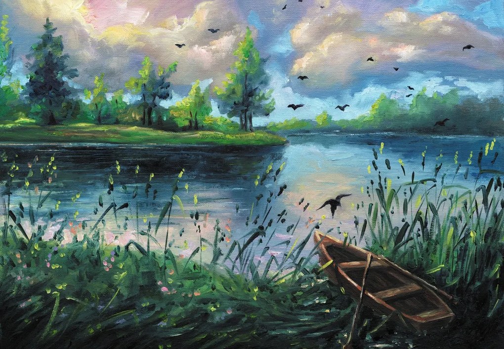 Fototapeta - Obraz olejny, Wczesny letni wieczór nad jeziorem (196x136 cm)