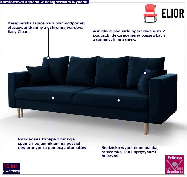 Granatowa sofa rozkładana z pojemnikiem - Adante