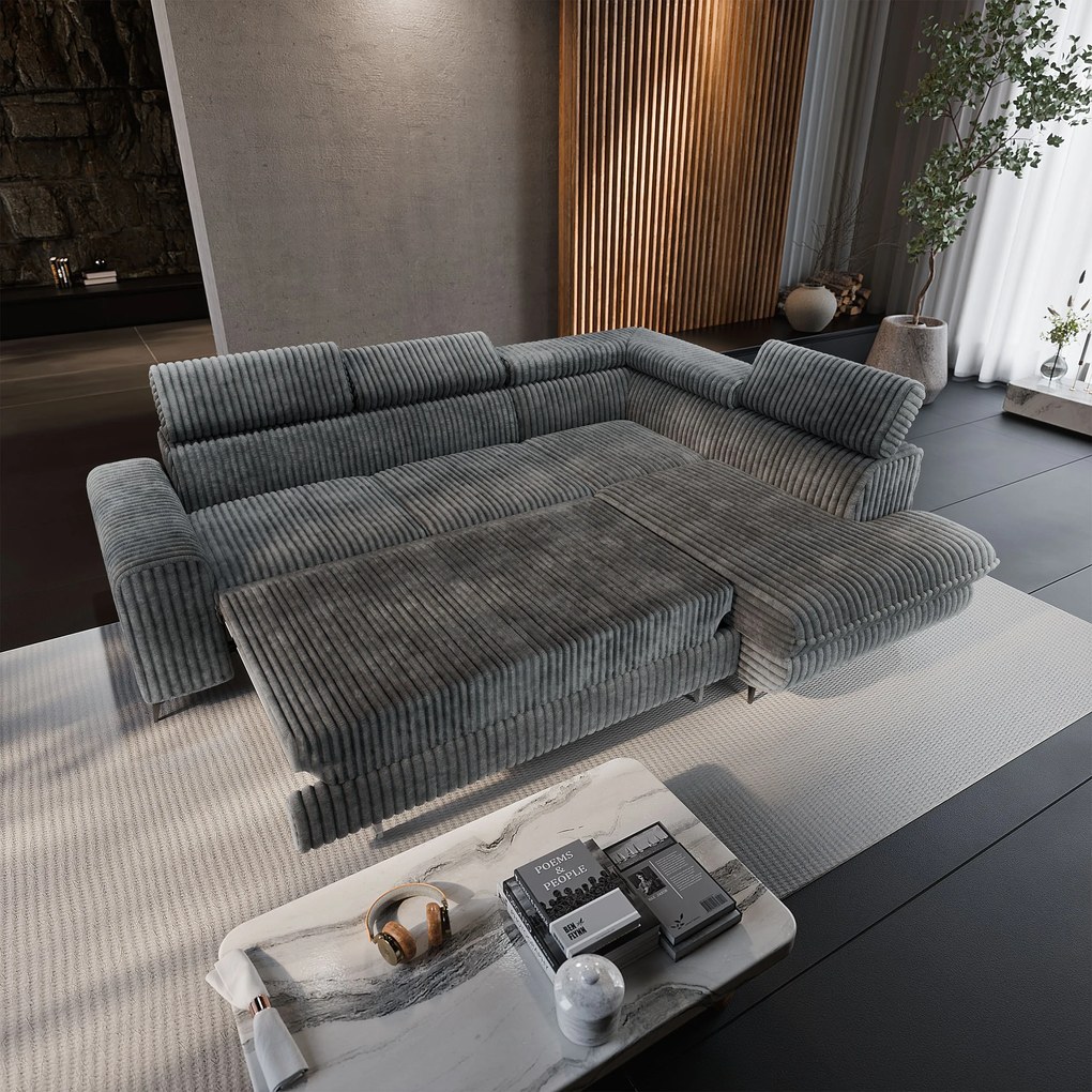 Masseno Narożnik VELISS z funkcją spania i pojemnikiem na pościel Rozkładana sofa do Salonu - Grafitowy, TILIA 90