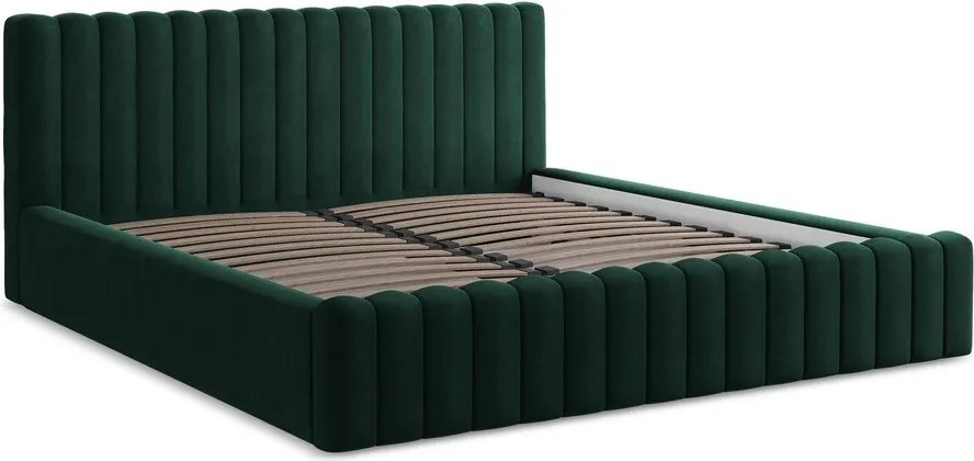 Ciemnozielone tapicerowane łóżko dwuosobowe ze schowkiem ze stelażem 140x200 cm Lemi – Makamii
