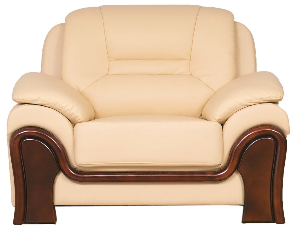 Stylowy, wygodny fotel wypoczynkowy skórzany Palladio do gabinetu, do wyboru kolory czarny, kremowy, brązowy, z dodatkiem elementów drewnianych. Stylowe meble gabinetowe z kolekcji Prestige.