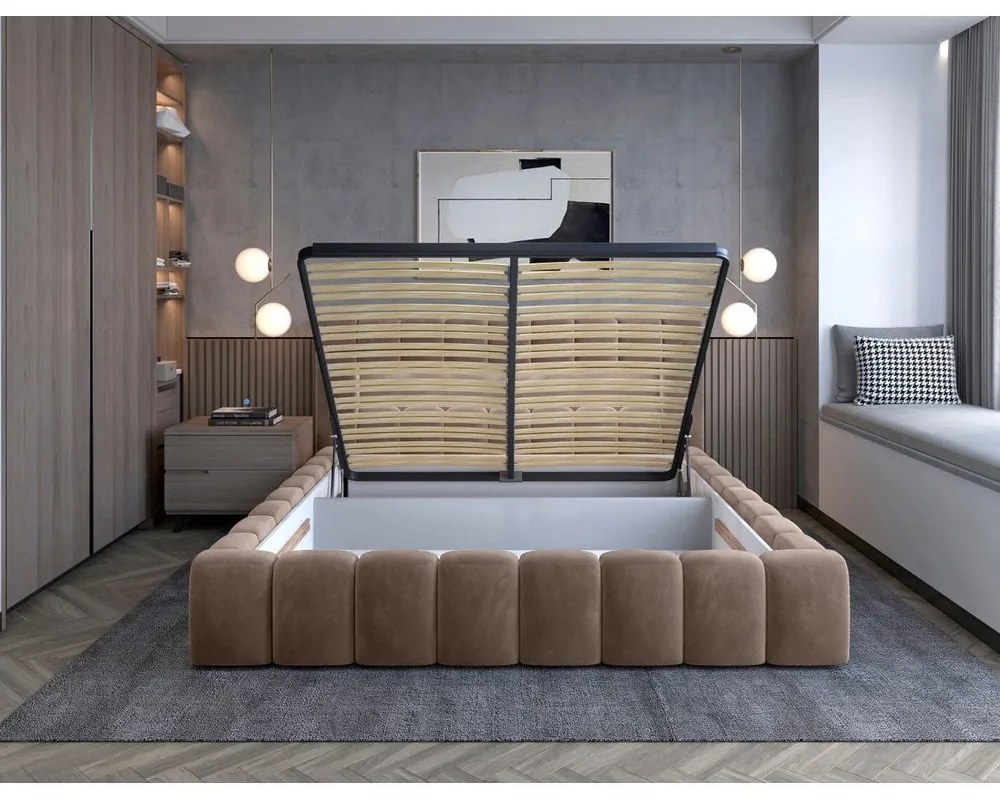 Jasnobrązowe tapicerowane łóżko dwuosobowe ze schowkiem ze stelażem 180x200 cm Lamica – ELTAP