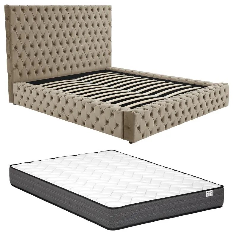 Łóżko ze skrzynią chesterfield 160 x 200 cm - Welur - Taupe + Materac - DULENI