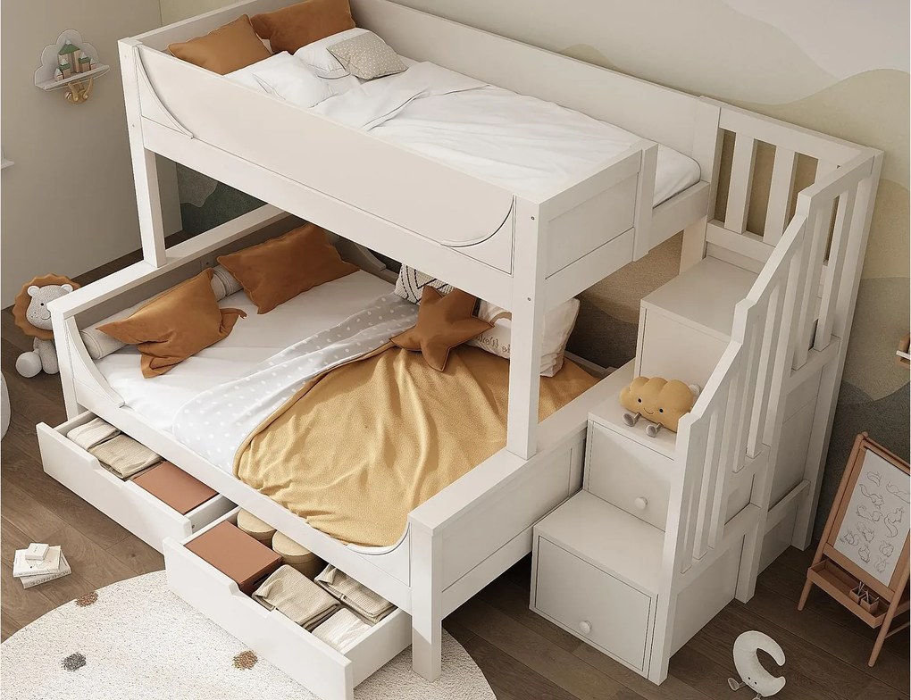 Łóżko piętrowe 90×200 cm +140×200 cm - schody ze schowkiem - z 2 szufladami - Drewno lite + MDF - Białe (bez materaca)