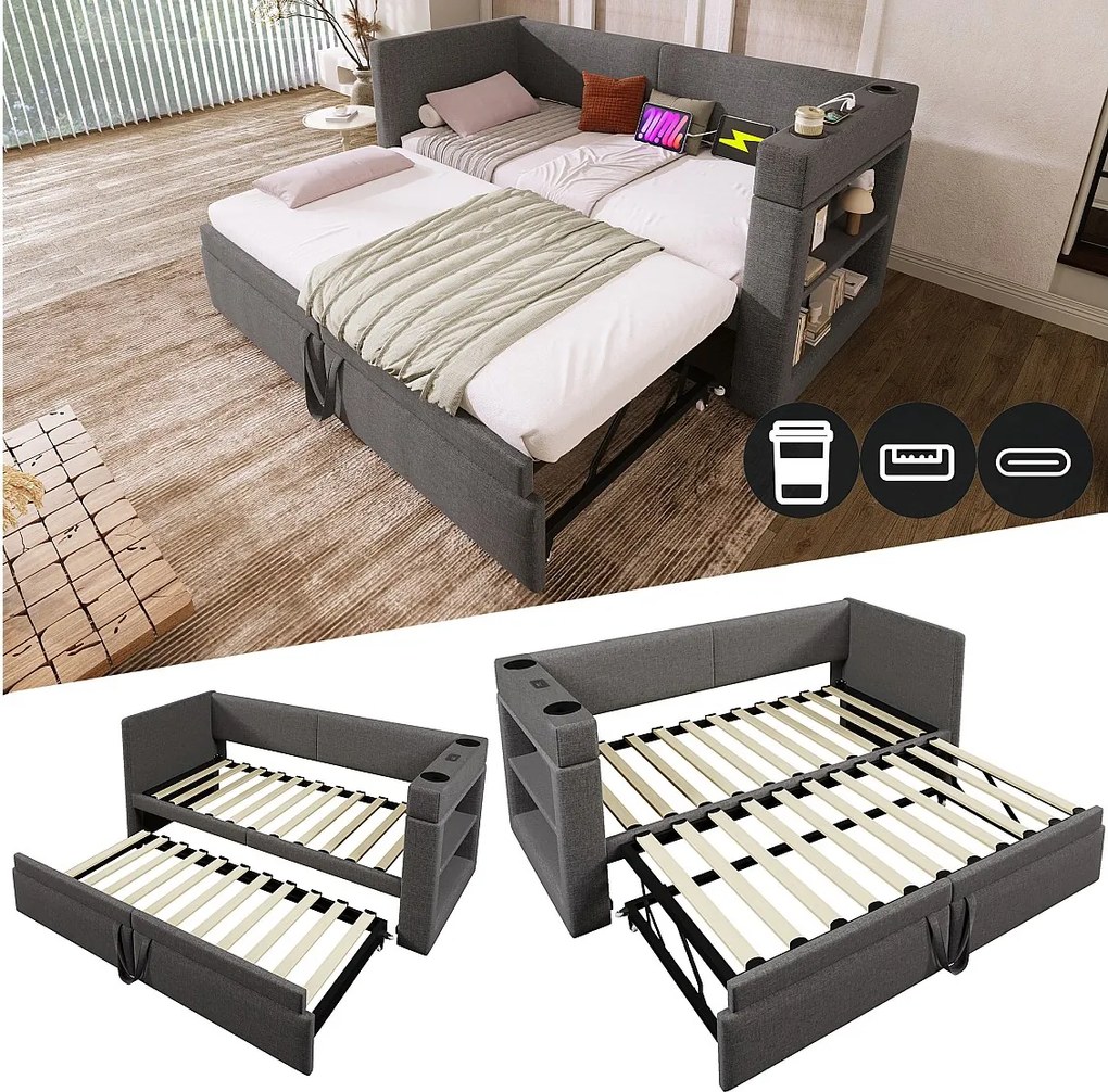Łóżko dzienne - 90 x 200 cm + 90 x 190 cm - z wysuwanym łóżkiem - podłokietniki z USB + schowek - drewno + bawełna + metal - szary
