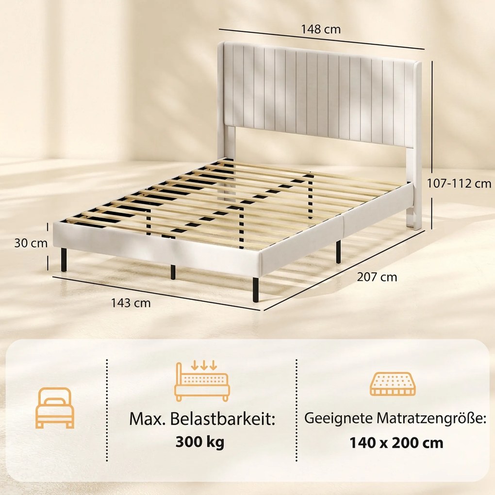 HOMCOM Rama łóżka 140 x 200 cm z regulowanym wezgłowiem, łóżko tapicerowane z 12 listwami, beżowe | Aosom PL